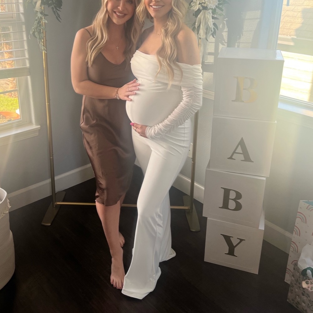 Club L London white maternity ruched mesh Bardot jumpsuit